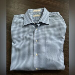 Nordstrom Trim Fit Wrinkle Free Men's Blue Checkered Shirt 100%Cotton 16.5 34-35